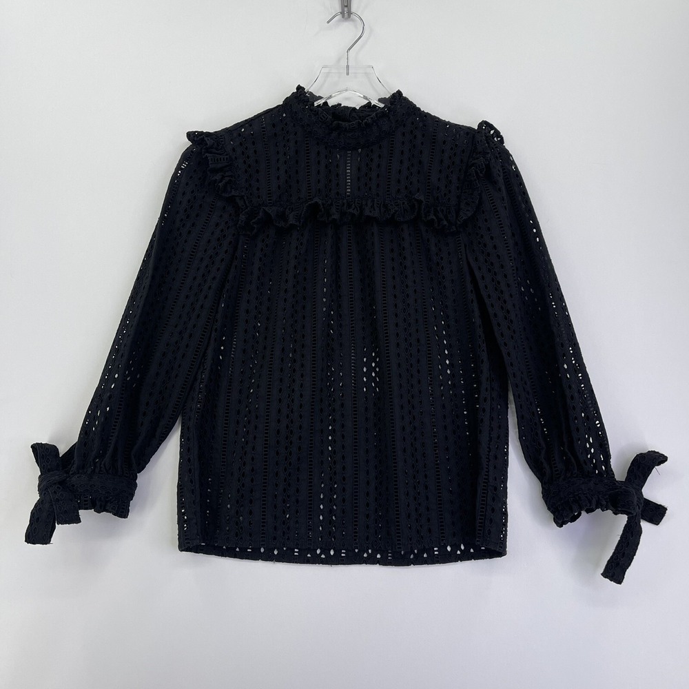 Madewell Blouse Womens XXS Black Eyelet Crochet Long Sleeve High Neck Shirt
